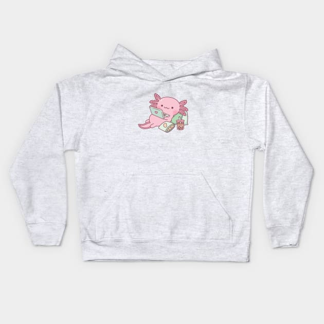 Cute Axolotl Chilling with Laptop And Snacks Kids Hoodie by rustydoodle
